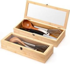 2 Pieces Bamboo Drawer Organizer with Clear Lid Stackable Utensil Organizer
