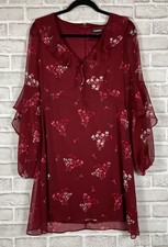 Express Dress Womens Sz 10 Red Floral Sheer Midi Lined Ruffle Trim Long Sleeves