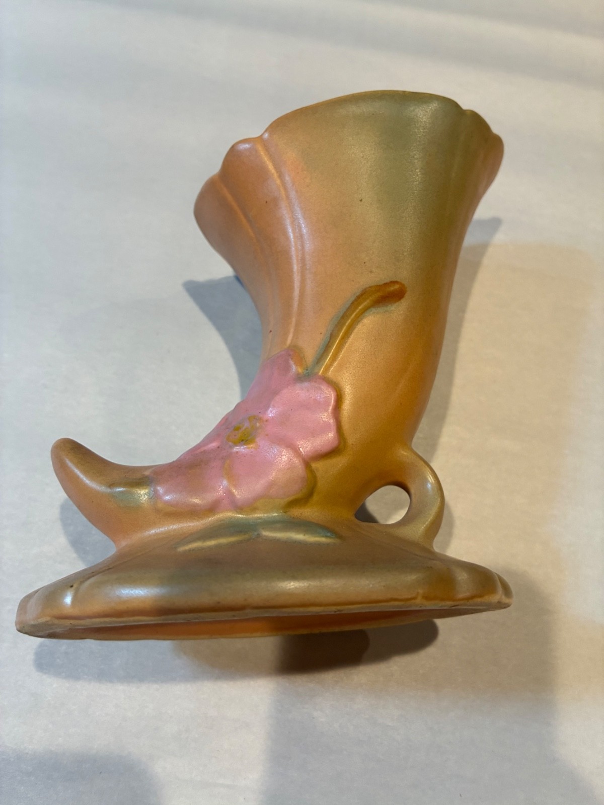 Vintage Weller Art Pottery Cornucopia Horn Vase Wild Rose Peach Floral 1930s 6