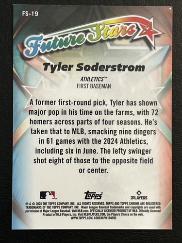 2025 Topps Chrome Tyler Soderstrom Orange Future Stars First Print /25 - Picture 3 of 3