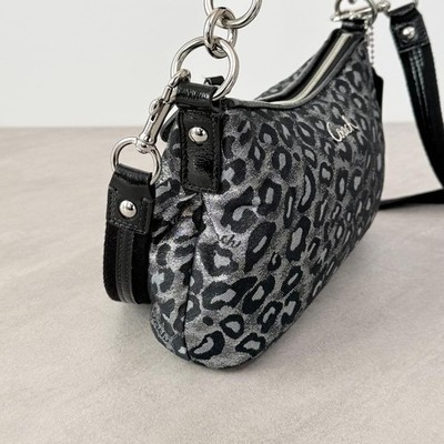 COACH Ocelot Leopard Print 2Way Shoulder Bag Silver Black