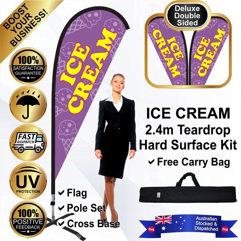 K - ICE CREAM Deluxe Double-Sided Purple 2.4m Teardrop Flag / Banner Kit with Pole Set, Steel Outdoor Cross Base and a Free Carry Bag - 1