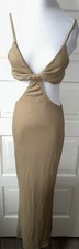 SHEIN  Beige  Cut-Out Ruched Spaghetti Strap Slit Hem Maxi Sexy  Bodycon Dress S