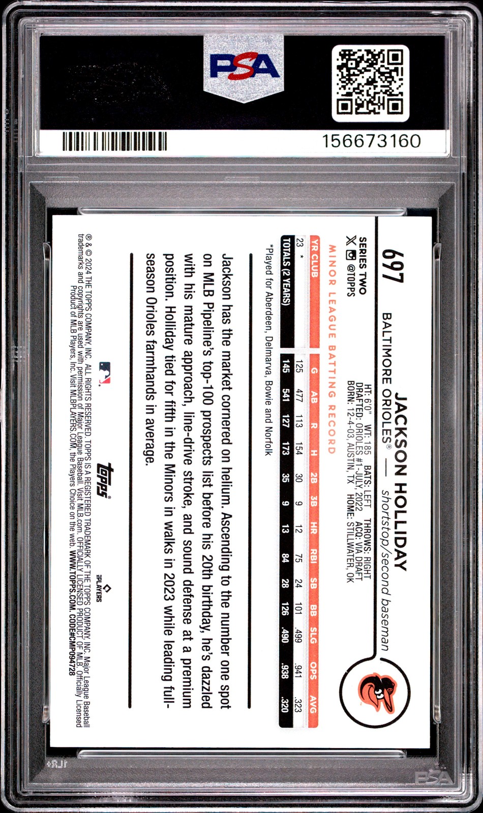 2024 TOPPS SP-FUN FACE-WHITE BAT KNOB #697 JACKSON HOLLIDAY ROOKIE RC PSA 8.5 view 2