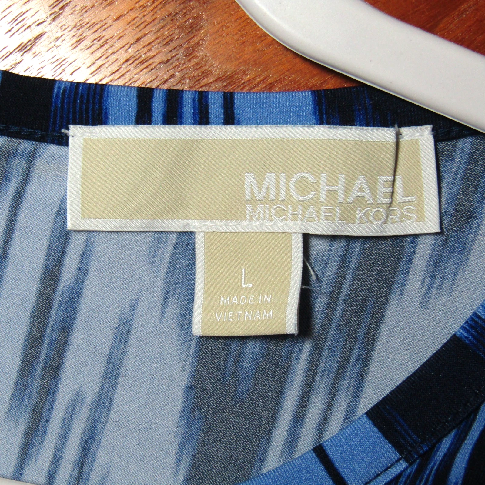 Abito Michael Kors blu Ikat Shift taglia L manica ad aletta blu navy orlo plissettato donna