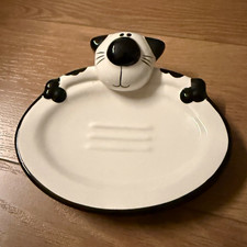 White Black Ceramic Cat Soap Dish, Sponge Holder, Jewelry Dish