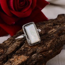 Handmade Silver Ring with Rectangle Mother of Pearl Stone Vintage Boho Statement