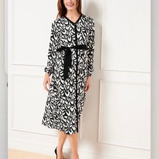 Talbots Black White Stretch Crepe Button Up Midi Shirt Dress Size 12 Office