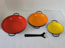 Huta Silesia Poland Enamel Nesting Pans - Orange, Yellow, Red with Handle