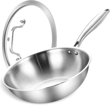 LOLYKITCH 10 Inch Tri-ply Stainless Steel Wok Pan 10 with Lid, Silver 
