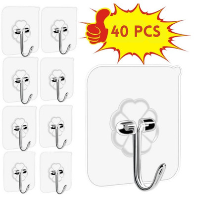 20-40pcs Adhesive Sticky Hooks Heavy Duty Clear Wall Seamless  Hooks Hangers US