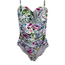 Anne Cole Womens Paisley Floral Ruched One Piece Swimsuit White Multicolor Sz 8