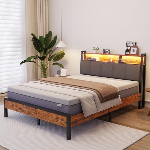 Полноразмерная платформа для хранения каркаса кровати Novilla, Зарядная станция с RGB подсветкой - Коричневый