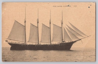 Four Masted Schooner New England Unidentified c1910 Antique Postcard