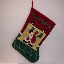 Vintage 80s Santa Claus Christmas Tree Fireplace Candle Holiday Stocking Kitsch