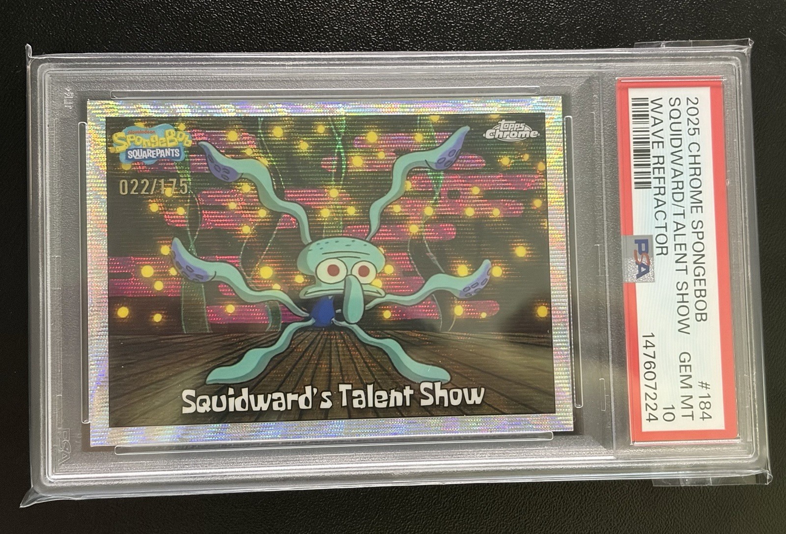 SQUIDWARD TALENT SHOW #184 Topps Chrome SpongeBob Wave Refractor /175 PSA 10 view 2