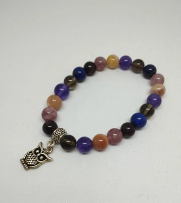 Bracelet élastique en pierre naturelle 8mm avec Hibou argenté art ethnique /EBVR - Photo 1/2