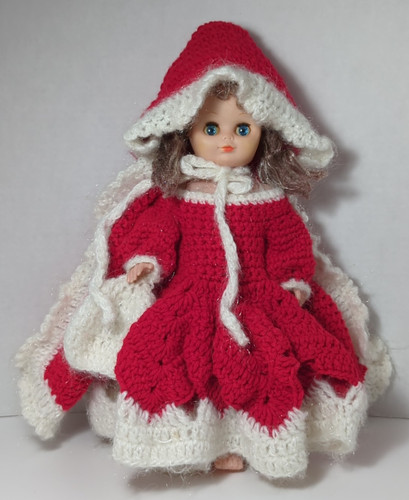 Homemade Crocheted Little Red Riding Hood Cape Dress on 13" Doll Vintage READ