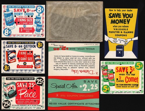 Vintage COUPONS Lot of 5 dated 1958 1959 Oxydol Ivory Comet in original envelope