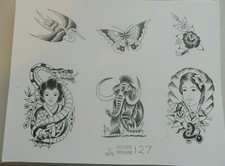 VTG RARE 1976 Picture Machine Tattoo Flash Sheet 127 Dragon Mammoth Geisha Roses