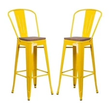 Home Square 30" Metal Bar Stool in Yellow and Wood Grain - Set of 2