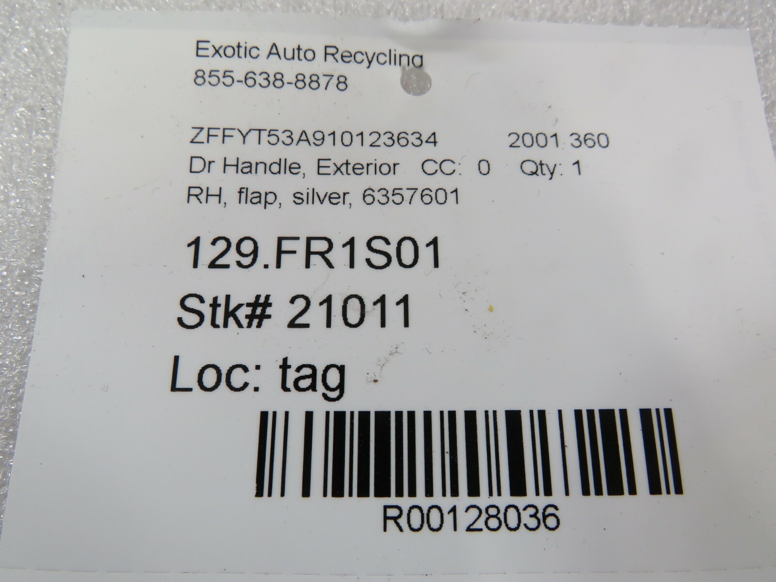 Ferrari 360, F430, RH, Right, Exterior Door Handle, Silver, Used, P/N 6357601