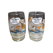 2 Retro Flintstones Drinking Glasses 1985 Vitamins Hanna Barbera Vintage Pair