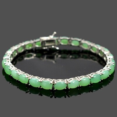 7M5 MM Oval Natural Chrysoprase Gemstone Sterling 925 Silver Tennis Bracelet