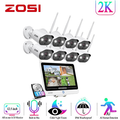 ZOSI 2K All in one Wireless Security Camera System Outdoor IP66 12.5'' LCD 1TB