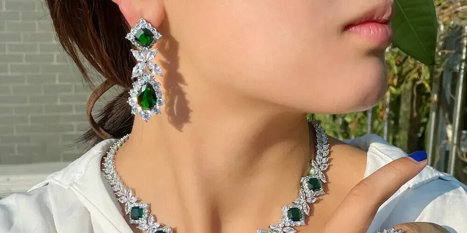 4 шт. цветок падение зеленый цирконий женщин ювелирный набор ожерелье браслет серьги кольцо - Изображение 2 из 4