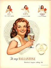 1948 Ballantine ALE PRINT AD features Woman Valentine Heart theme great artwork 