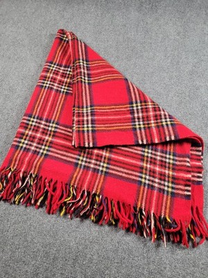 Faribo Wool Throw Blanket 52x48 Red Tartan Plaid Fringe Pure Wool Made USA