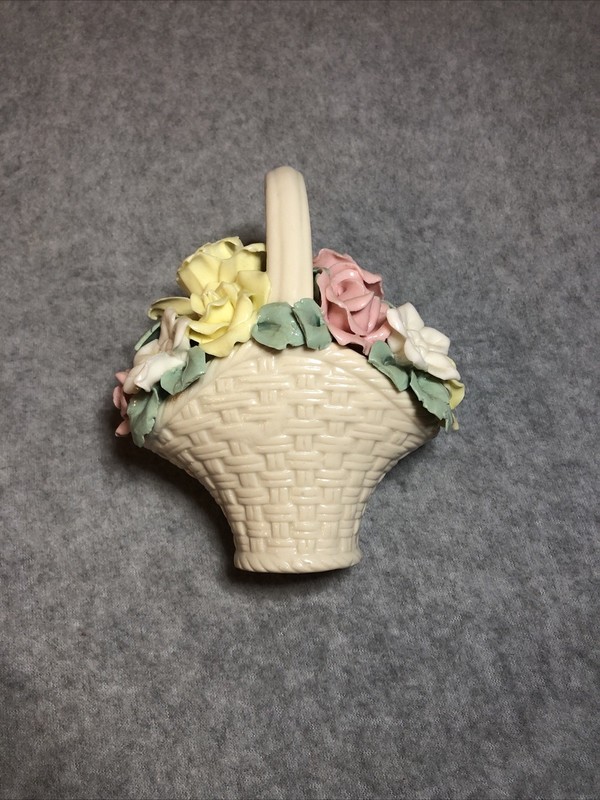 Vintage Bone China Flower Bouquet Floral Basket Pink & Yellow Flowers