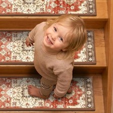 Oriental Chenille Stair Treads 30x8in Red Beige Brown Non-Slip Machine Washable