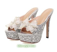 Chic Women's Sequins Bow Rhinestones Slippers Platform High Heels Open Toe Mules