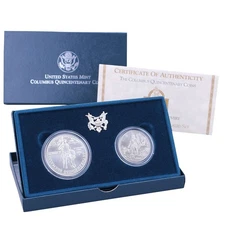 1992 D Columbus Quincentenary BU Commem 90% Silver Dollar Clad Half 2 Coin Set