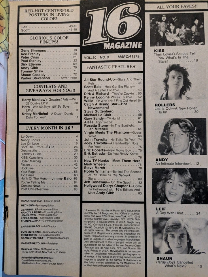 16 Magazine March 1979 KISS, Scott Baio, Virgin, Erik Estrada, Bay City Rollers Foto 2 de 4
