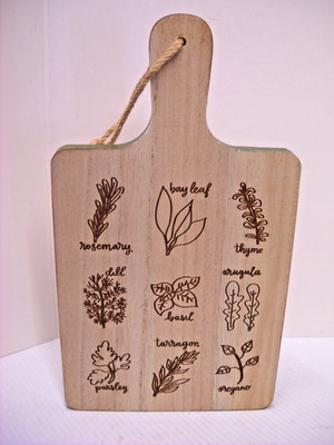 Herb Embossed Wooden Cutting Board Dual Sided Display Green Trim NOS
