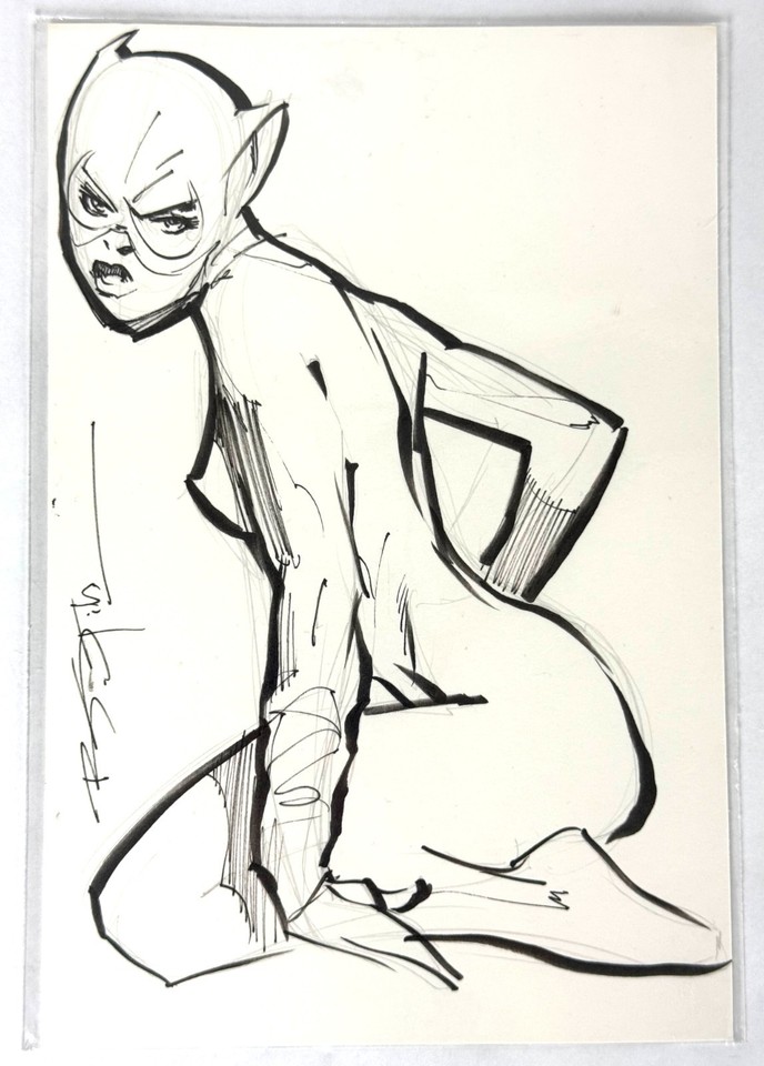 Vintage 90s Brian Stelfreeze Original Sketch of Catwoman Comic Art