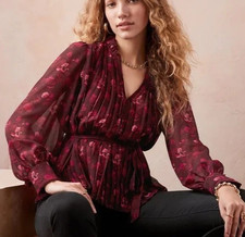 Banana Republic Chiffon Pleated Blouse NWT Burgundy Red Floral Size Medium
