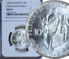 NGC MS-63 SLOVAKIA SILVER 10 KORUN 1944 (VAR. 1: CROSS)