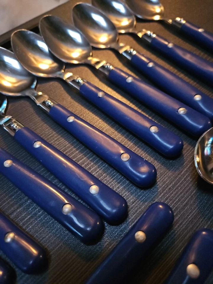 21 colheres 18/0 talheres vintage aço inoxidável azul plástico cabo rebite azul marinho - Imagem 3 de 4