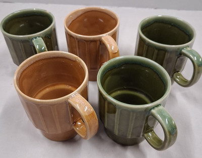 Lot of 5 Stackable Ceramic Japanese Mugs 3 Green & 2 Brown