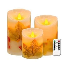 Flameless Candles Lights,Set of 3 Maple Leaf Flickering LED Candles with Remo...