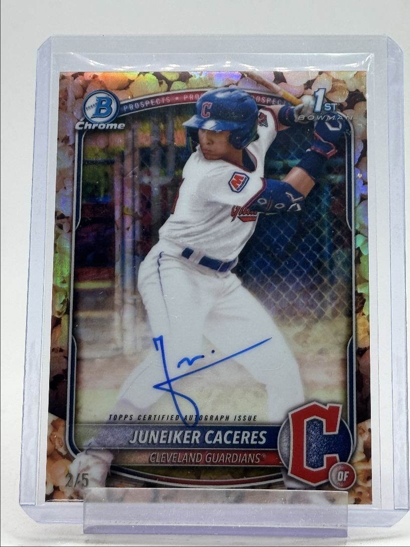 JUNEIKER CACERES 2025 BOWMAN CHROME 1ST POPCORN REFRACTOR SSP AUTO /5 Q5451