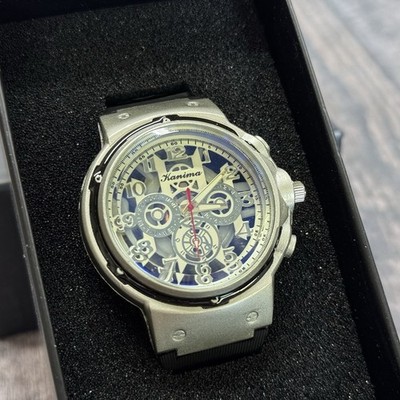 Kanima Men's Skeleton Watch Silver Case Black Rubber Strap