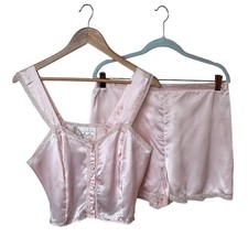 Delicates Womens Vintage Satin Pajama Set Large Pink Lace Shorts Cami Coquette