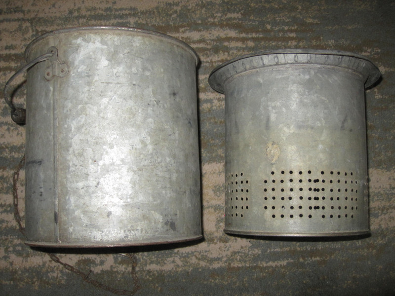 Vntg Galvanized 2 PC Minnow Bucket With Wood Handle; Inner Sieve W/Metal Handle