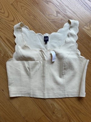 Gap Linen Blend Scalloped Crop Tank Top Color Vanilla Pudding Size L