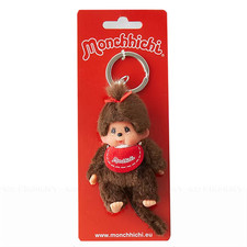 4" Monchhichi Keychain - Classic Brown Girl in Red Bib and Ponytail